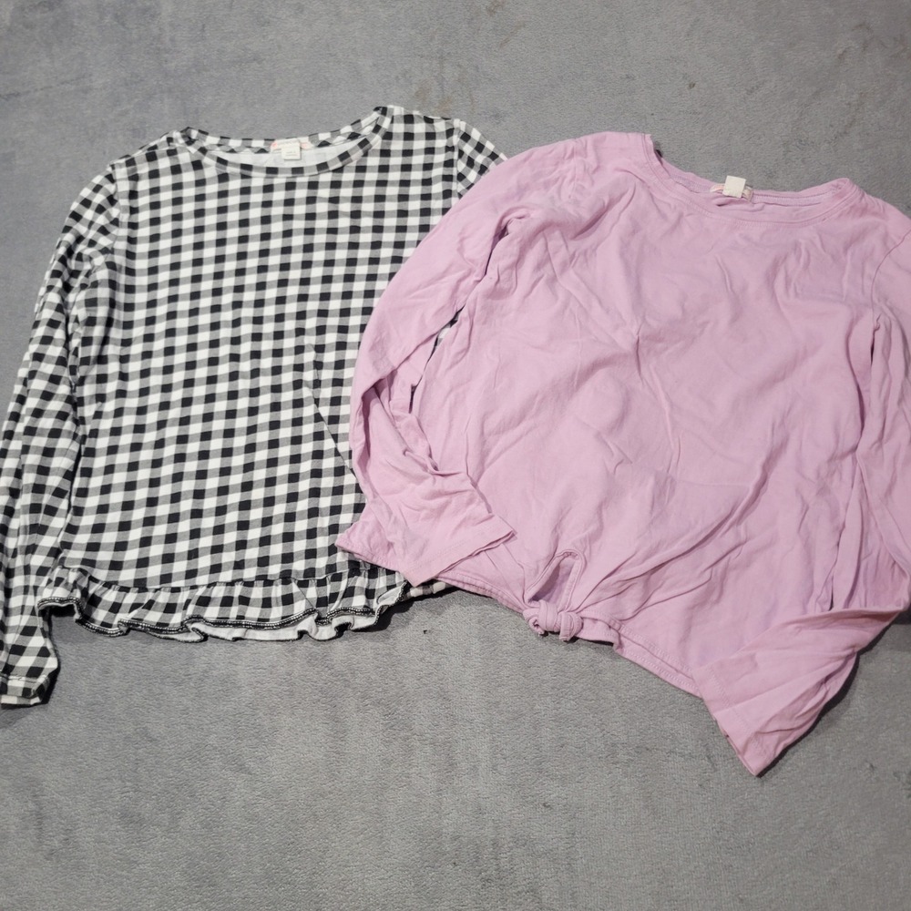 Crewcuts Long Sleeve Tops Girls 12 Gingham Pink Ruffle Knot Lot 2 Cotton Shirt